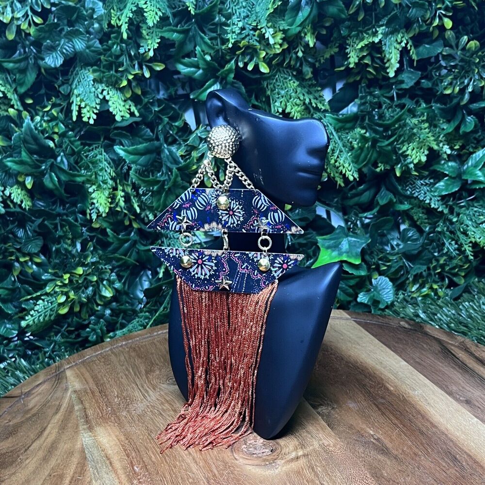 Earrings Women Gold Tone Orange‎ Fringe Boho Western Dangle Drop 9 Inches 2127